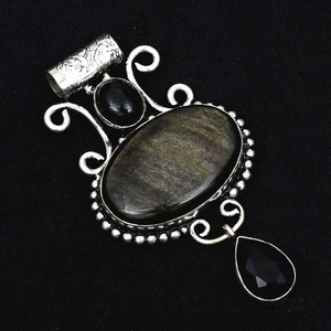 Silver Sheen Obsidian Black Onyx Gemstone Ethnic Pendant Jewelry 2.72" AP-21850 - Imagen 1 de 1