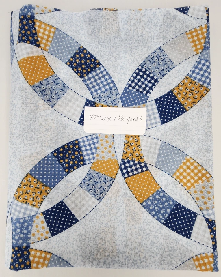 VTG Quilting Fabric Blue Yellow 1970 Style Unbranded Cotton Blend 45"w 1.5 Yards - Image 1 of 3
