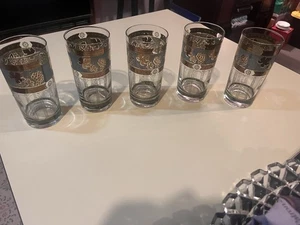 Lot/Set of 5‼ MCM Cera Glass Tumblers Highball Golden Green Grapes 22k Gold •VG‼ - Picture 1 of 13