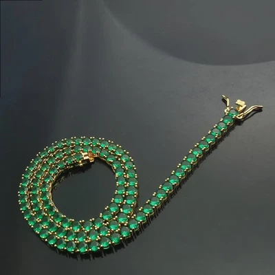 Colar de tênis redondo esmeralda verde natural da Zâmbia ouro amarelo sólido 14k 17 polegadas - Imagem 1 de 2