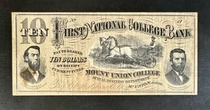 1870-1880’s $10 First National College Bank,Mount Union College. Collectible - Imagen 1 de 2