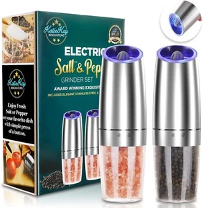 Set of 2 Adjustable Silver Gravity Electric Salt and Pepper Grinder Blue Light - Picture 1 of 7