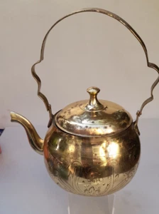 Vintage Solid Brass Tea Kettle Pot Engraved Folding Handle with Lid Kitchenware - Picture 1 of 11