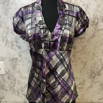 Top De Colección Y2K Corazón Alma Talla S Púrpura Botones a Cuadros Cuello en V Volantes Babydoll Coqueta Foto 1 de 4