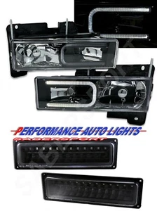 Black Headlights w/ LED C-Bar and Signal Lights for 1988-1999 GM C/K Full Size  - Picture 1 of 5