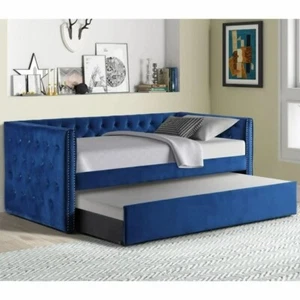 Velvet Upholstered Daybed w/ Trundle, Soft Tufted Living Room Sofa Bed, Blue - Picture 1 of 2