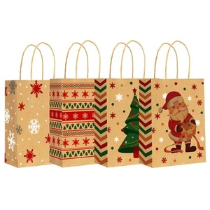 24 PCS Small Christmas Gift Bags with Handles 4 Designs Xmas Kraft Paper Bags f - Picture 1 of 6