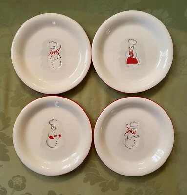 Williams Sonoma Muñeco de Nieve Chef Aperitivo Snack 6" Juego de 4 Platos de Loza Foto 1 de 4