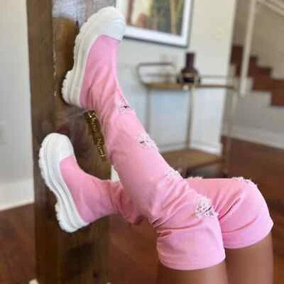 Pink denim sneaker thigh high boot - Image 1 of 3
