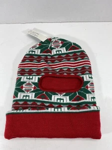 Girls Ski Mask Hat Red/White/Green Geometric Design - Picture 1 of 3