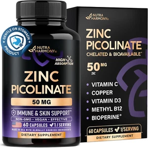 Zinc Picolinate 50Mg - Zinc Supplement with Copper, Vitamin D3 & B6 - Stomach Fr - Picture 1 of 12