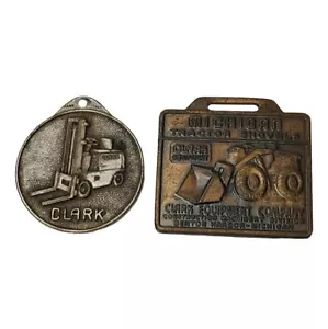 2 VINTAGE WATCH FOB ADVERTISING MICHIGAN DOUBLE SIDED TRACTORS EXCAVATOR CRANES - Picture 1 of 2