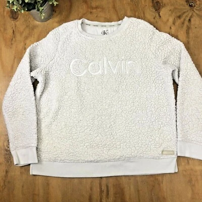 CALVIN KLEIN Off White Warm SHERPA FLEECE SWEATSHIRT Winter Crew Neck Big Logo S - Image 1 of 4