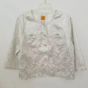 Ruby Rd Jacket Collarless White/Silver Print Button 3/4 Sleeve Pockets Size 20W - Picture 1 of 8