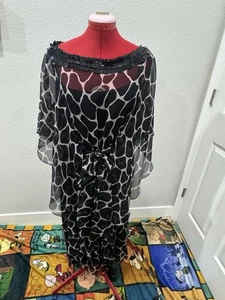 Vintage Marina Rinaldi Pura Seta Animal Print kaftan dress Sequined Neck - Picture 1 of 11