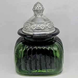 Vintage Artland Dark Green Thick Glass Canister W/ Pewter Floral Lid - Picture 1 of 13