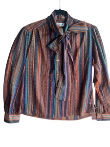Vintage Adolph Schuman for Lilli Ann Bow Retro Secretary Striped Blouse LARGE - Bild 1 von 11