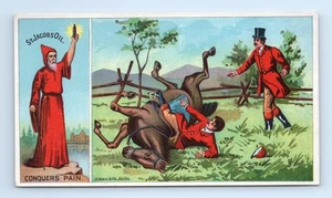 Tarjeta comercial de aceite de St. Jacobs mago anciano accidente de caballo jinete caza de zorros de colección MI - Imagen 1 de 2