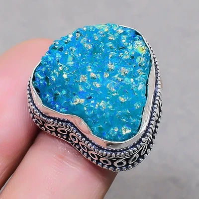 Blue Titanium Druzy Gemstone Handmade FashionJewelry Vintage Ring 6" SR 1333 - Image 1 of 4