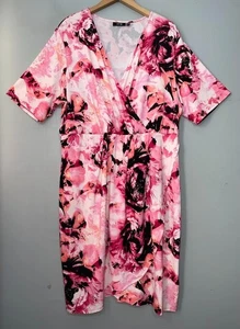 Watercolor Floral Dress Plus Size 2X Pink Faux Wrap Stretch Feminine Romantic - Picture 1 of 12