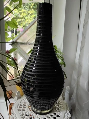 Black Art Glass Vase Etched with Stripes                               T21.3 - Image 1 of 4