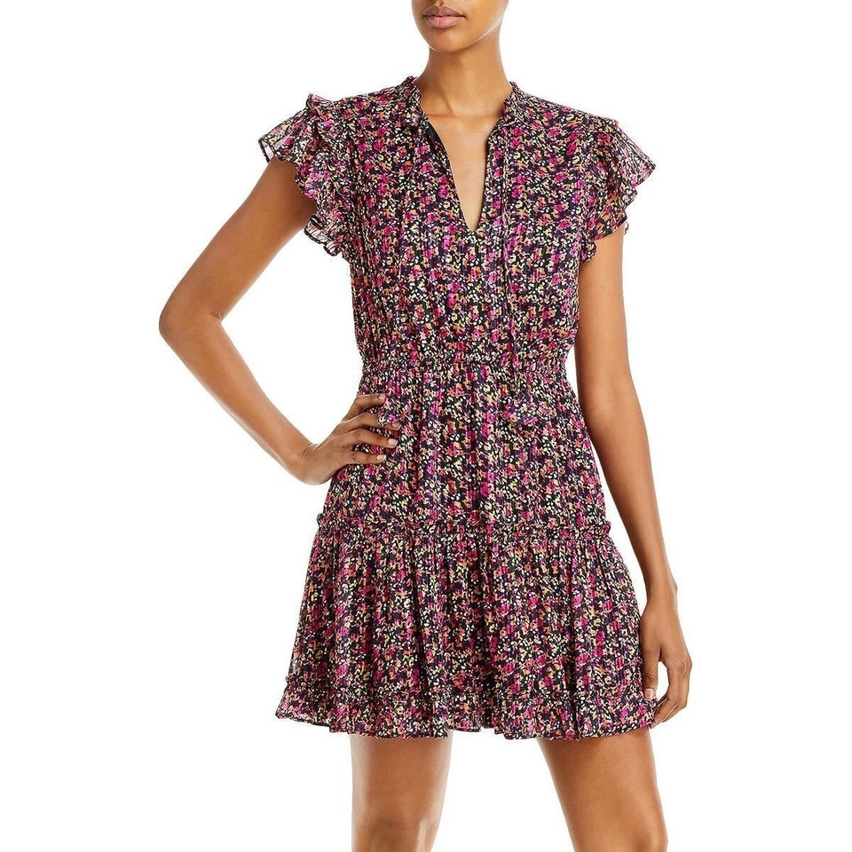 Nuevo con etiquetas Mini Vestido Aqua Rosa Naranja Amarillo Metálico Floral Manga Corta Volantes L NUEVO Foto 1 de 1