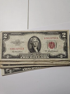 1953 年两美元纸币红印 ~ 2 美元钞票 G-VF+ 旧纸币房地产货币 — 第 1/3 张图片