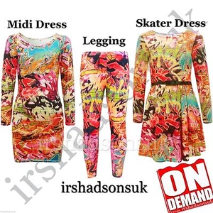 KIDS GIRLS NEW SEASON RED GRAFFITI PRINT LEGGING SKATER MIDI DRESS TOP T SHIRT - Picture 1 of 4