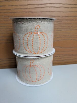 2 1/2” x  20 Ft Celebrate It Ribbon  Halloween Fall Pumpkin Beige Lot 2 Burlap - Image 1 of 4