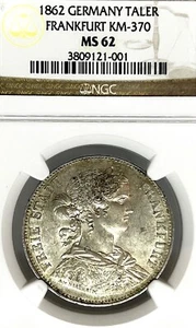 German States Frankfurt 1862 Taler Coin Thaler NGC MS 62 VZ/STG UNC Deutschland - Picture 1 of 3