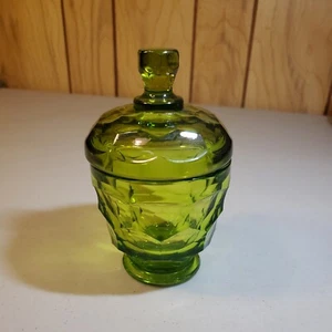Vintage Glass Candy Dish Green with Lid Block optic Honeycomb - Picture 1 of 12