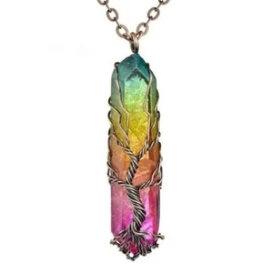 Rainbow Healing Energy Crystal Necklace with Tree of Life, 7 Chakra - Picture 1 of 2