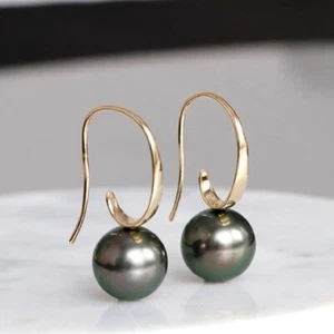 Natural AAA 9-10mm South Sea Black Tahitian Pearl Earrings in 14K Gold