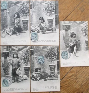 French Fantasy 1905 Postcard Set of Five, Mandolin Girl Praying in the Snow - Picture 1 of 1