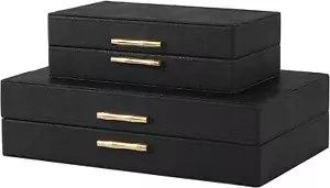 Black Shagreen Box Set of 2 Faux Leather Decorative Boxes,Large Nesting Storage - Picture 1 of 12
