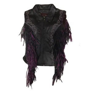Western World by Shaf Women’s Leather Vest Black with Purple Fringe and Studs - Picture 1 of 2