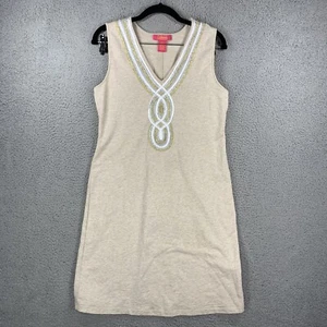 Catherine Womens Small Metallic Ribbon Accent V-Neck T-shirt Dress Beige Stretch - Picture 1 of 9