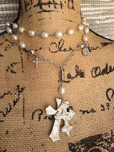 CA Studio Freshwater Pearl Sterling Silver Double Cross Necklace 34” - Picture 1 of 10