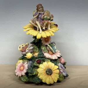 Sunflower Fairies and Multi Flowers Ceramic Music Box Tune Blue Danube Waltz - Picture 1 of 17