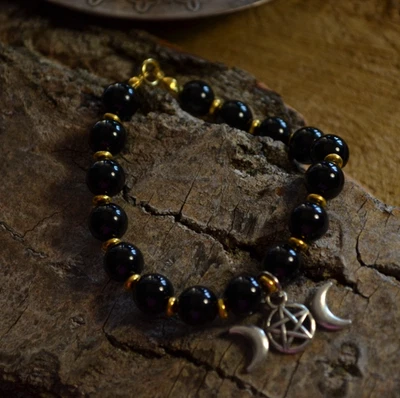 Pulsera Diosa Triple Luna Ónix Negro Hecha a Mano Protección Cristal Joyería Regalo Foto 1 de 4