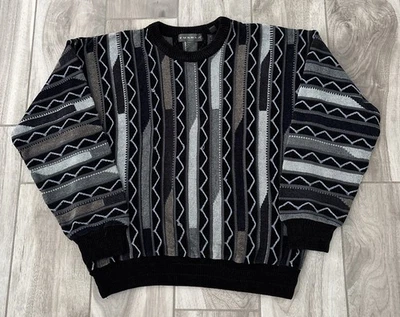 VTG Tundra Canada Mens 3D Knit Textured Sweater Size S Black Gray Retro Flaw* - Image 1 of 4
