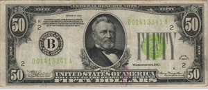 Fr.2102-B 1934 $50 New York LGS Federal Reserve Note VF Partial Teller Stamp - Picture 1 of 2