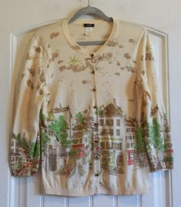 $125 J. Crew French Village Scene Lightweight Button Up Cardigan Sweater SZ M - Picture 1 of 6