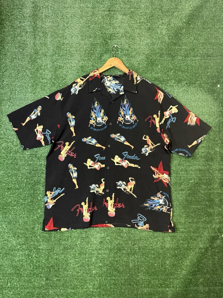 Fender DaVinci Shirt Mens XLarge Black Button Up Hawaiian AOP Pinup Guitars - Image 1 of 4