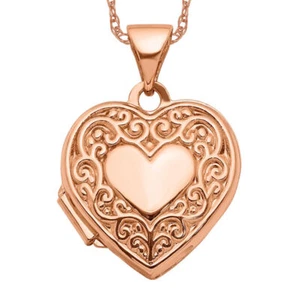 14K Solid Rose Gold Heart Photo Locket Necklace - Picture 1 of 12