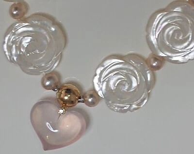 Jörg Heinz 玫瑰石英心形钻石珍珠项链 日本 黄金 18k 750 — 第 1/4 张图片