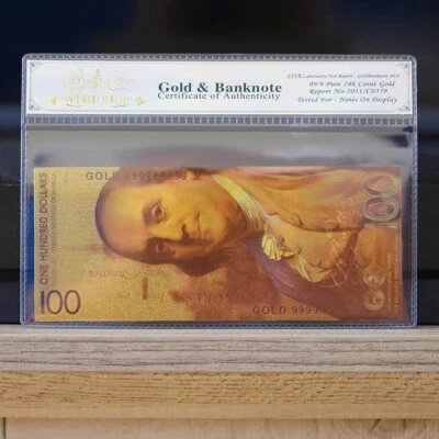 100mg 24K Gold 2021 $100 One Hundred Dollars Franklin Fantasy Banknote White COA - Image 1 of 4