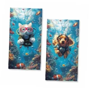 Funny Dog Hand Towels Bathroom Set of 2 Absorbent Animal Cat Underwater Ocean - Picture 1 of 8