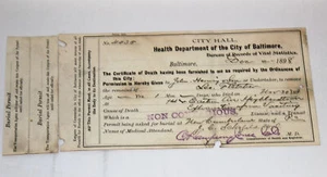 Papel antiguo de permiso de entierro MD del Departamento de Salud de Baltimore Maryland 1898 - Imagen 1 de 4