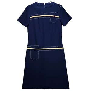 Vintage 70s Toni Todd MOD Sheath Dress Womens Med Navy Blue Contrast Stitch - Picture 1 of 12